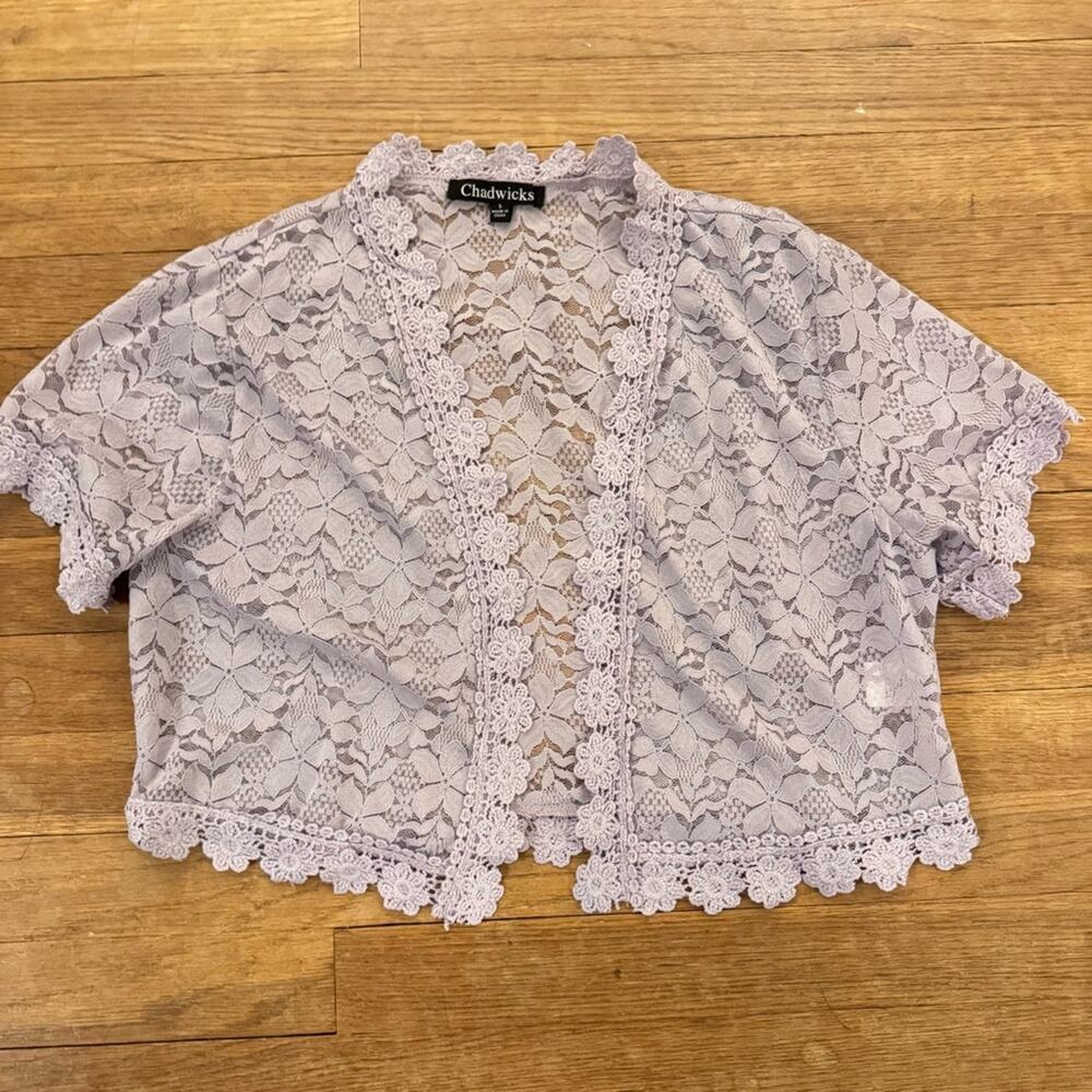 Chadwick's heather purple floral lace open front blouse shirt top sz small
 b35